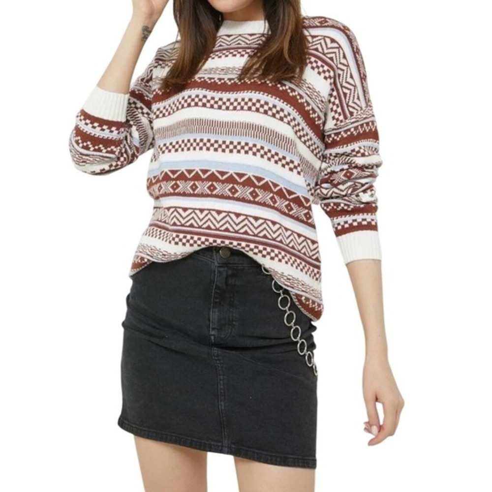 Hollister Medium Chunky Fair Isle Sweater Brown Punk Indie Nordic Fisherman Crew